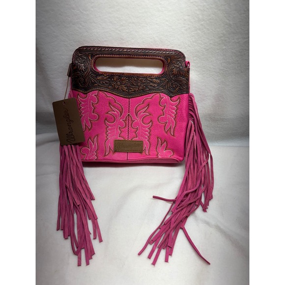 Wrangler Western Hot Pink‎ Fringe Embossed Clutch Handbag Purse With Strap NWT